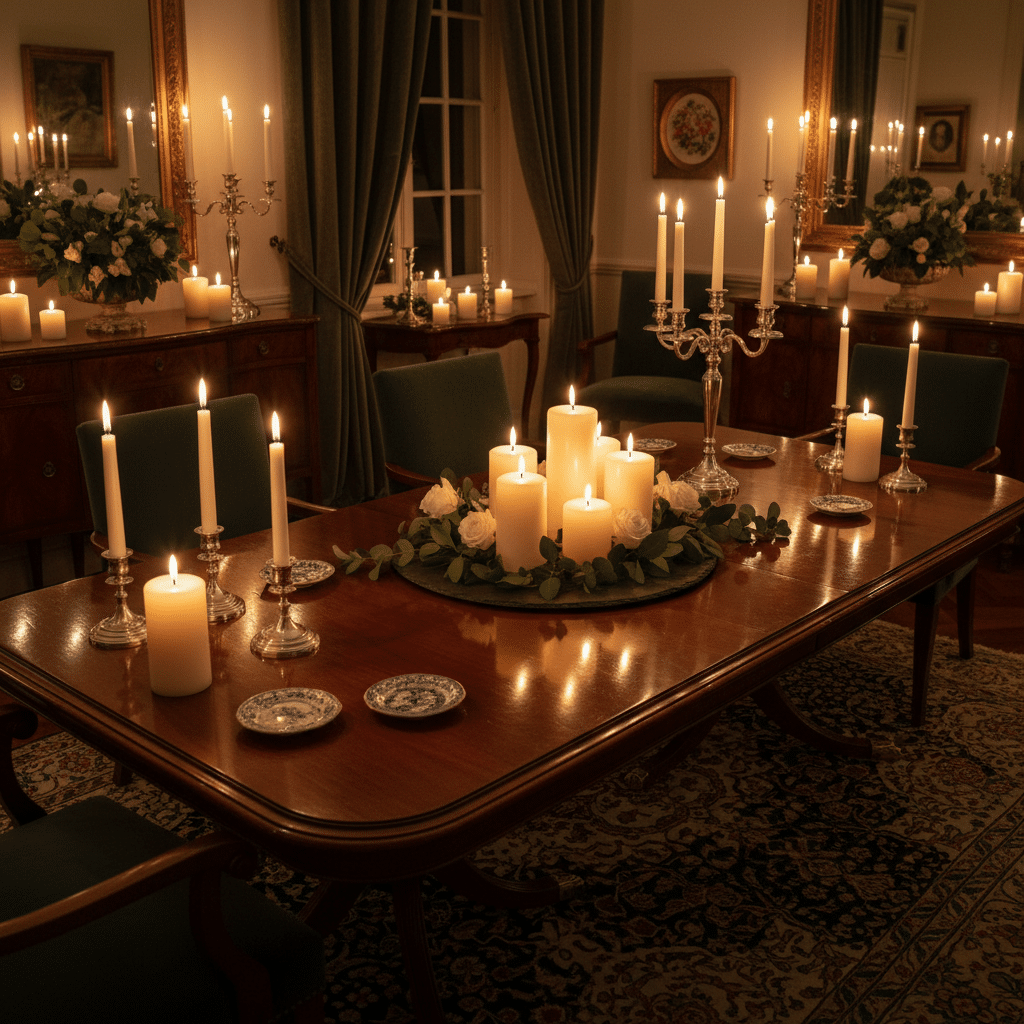 ai-photo-studio-1761164237087-1 Elegant dining room with lit candles on a table, floral centerpiece, and classic decor for a cozy, ambient setting. | Sky Rye Design Elegant dining room with lit candles on a table, floral centerpiece, and classic decor for a cozy, ambient setting.