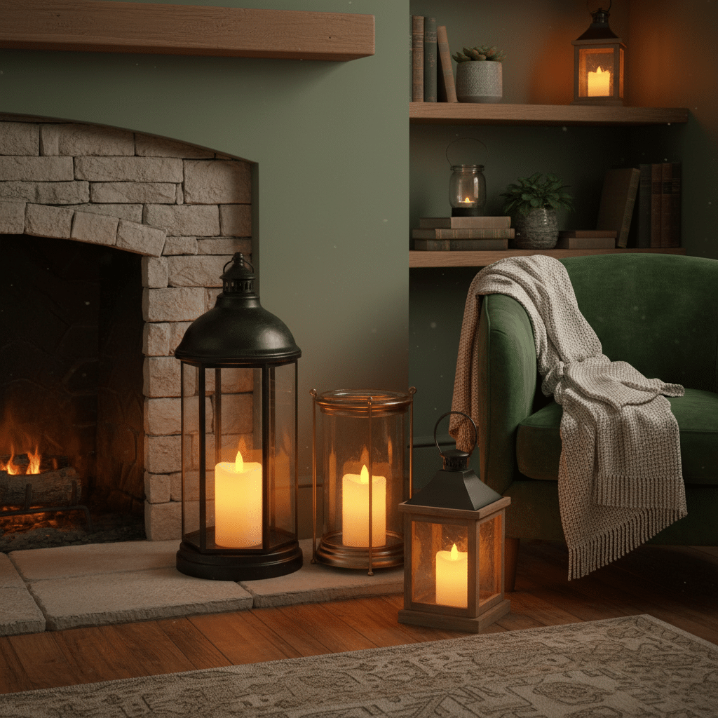 ai-photo-studio-1761164335587-1 Cozy living room with lit candles, green armchair, knitted blanket, stone fireplace, and warm lighting. | Sky Rye Design Cozy living room with lit candles, green armchair, knitted blanket, stone fireplace, and warm lighting.