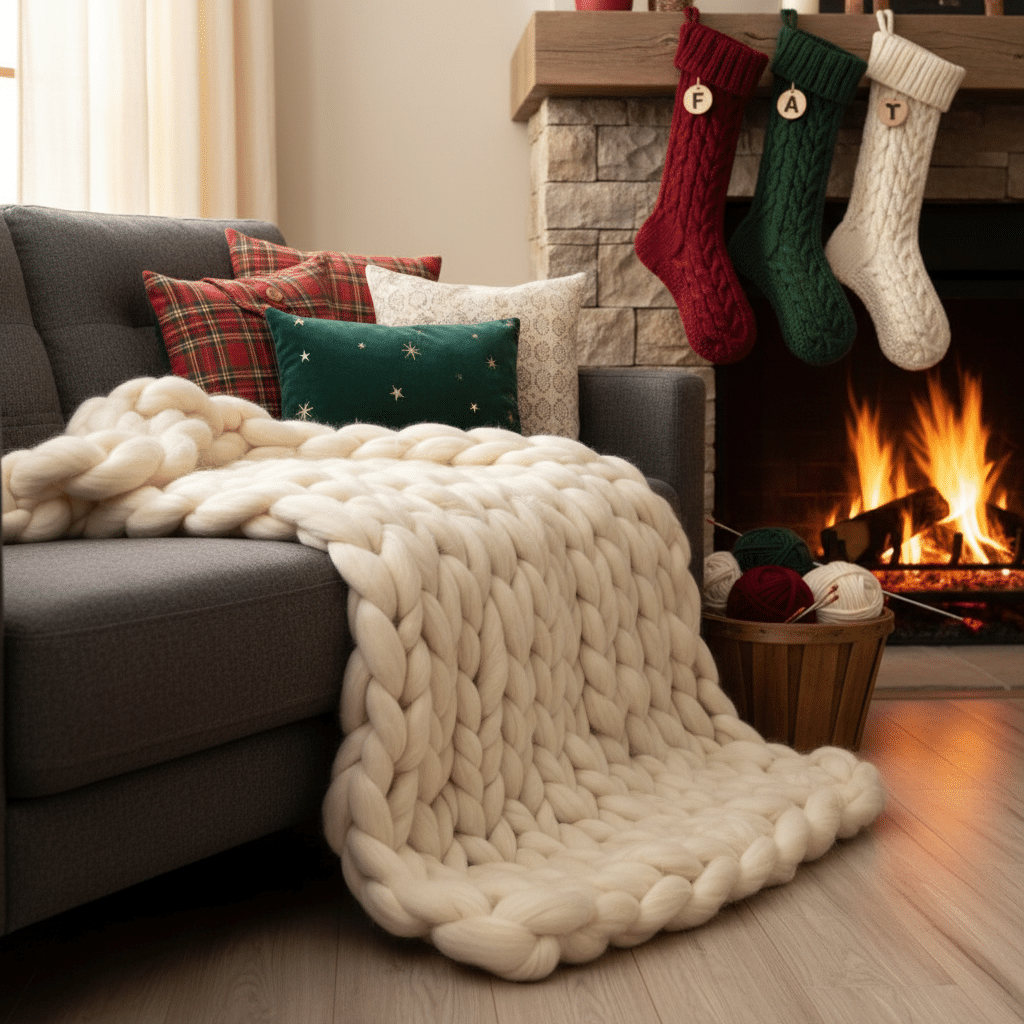 ai-photo-studio-1761165181253-2 Cozy living room with chunky knit blanket, festive pillows, stockings, and a warm fireplace. Perfect holiday setting. | Sky Rye Design Cozy living room with chunky knit blanket, festive pillows, stockings, and a warm fireplace. Perfect holiday setting.