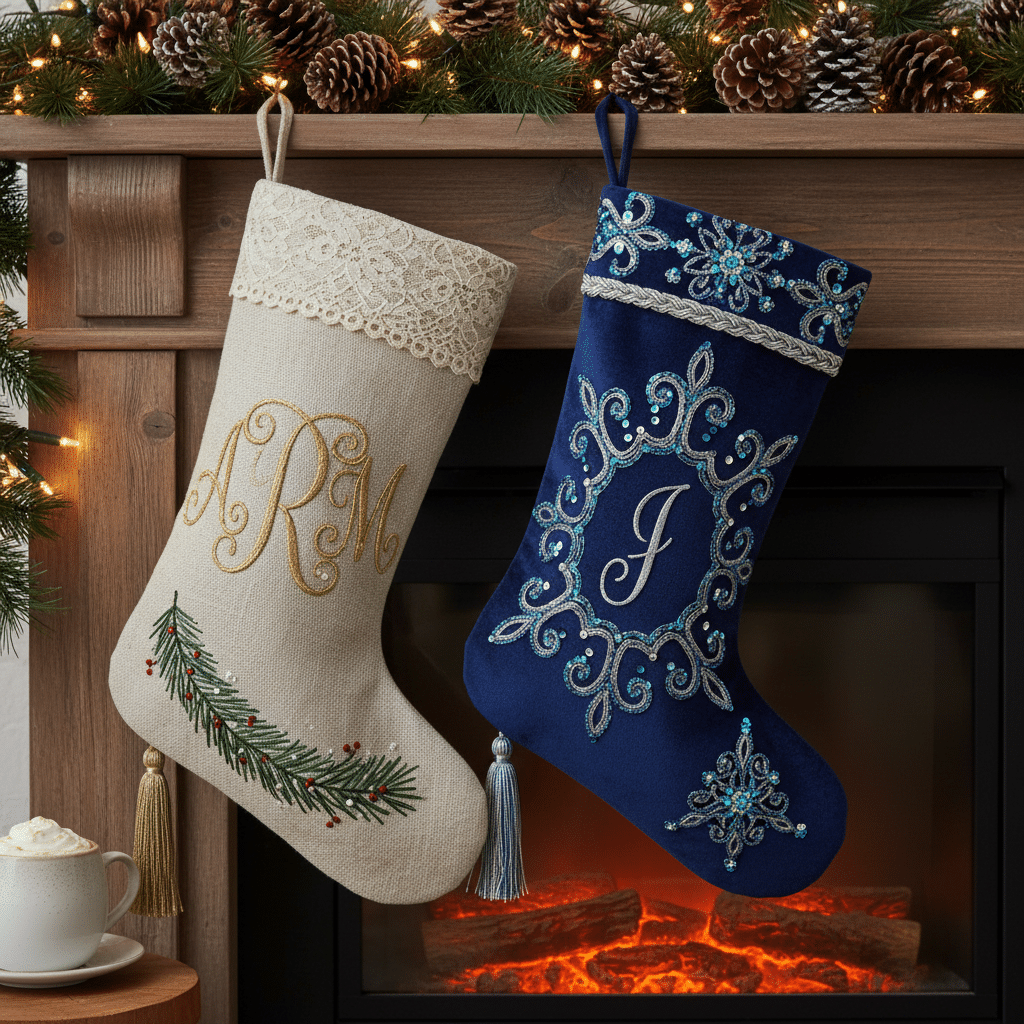 ai-photo-studio-1761165244770-1 Elegant Christmas stockings hanging by a decorated mantel, featuring initials and intricate designs above a cozy fireplace. | Sky Rye Design Elegant Christmas stockings hanging by a decorated mantel, featuring initials and intricate designs above a cozy fireplace.