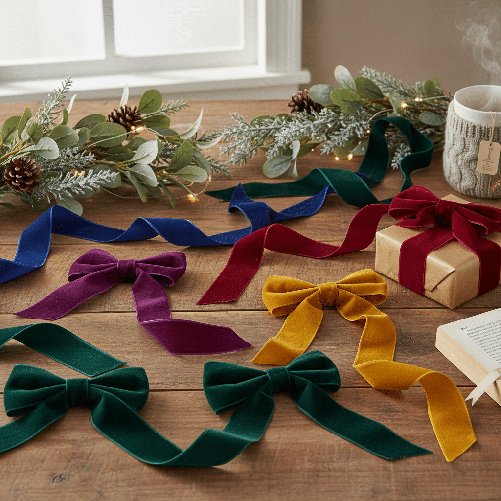 ai-photo-studio-1761165902711-2 Festive holiday scene with colorful velvet ribbons and gift on wooden table, adorned with pinecone greenery. | Sky Rye Design Festive holiday scene with colorful velvet ribbons and gift on wooden table, adorned with pinecone greenery.