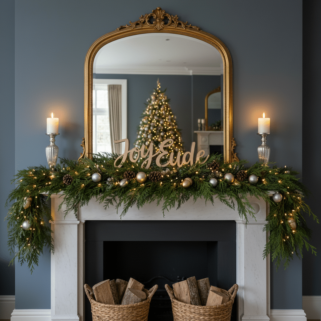ai-photo-studio-1761166045409-2 Christmas mantel decor with greenery, candles, ornaments, and Joy sign; tree reflected in ornate mirror. Cozy ambiance. | Sky Rye Design Christmas mantel decor with greenery, candles, ornaments, and Joy sign; tree reflected in ornate mirror. Cozy ambiance.