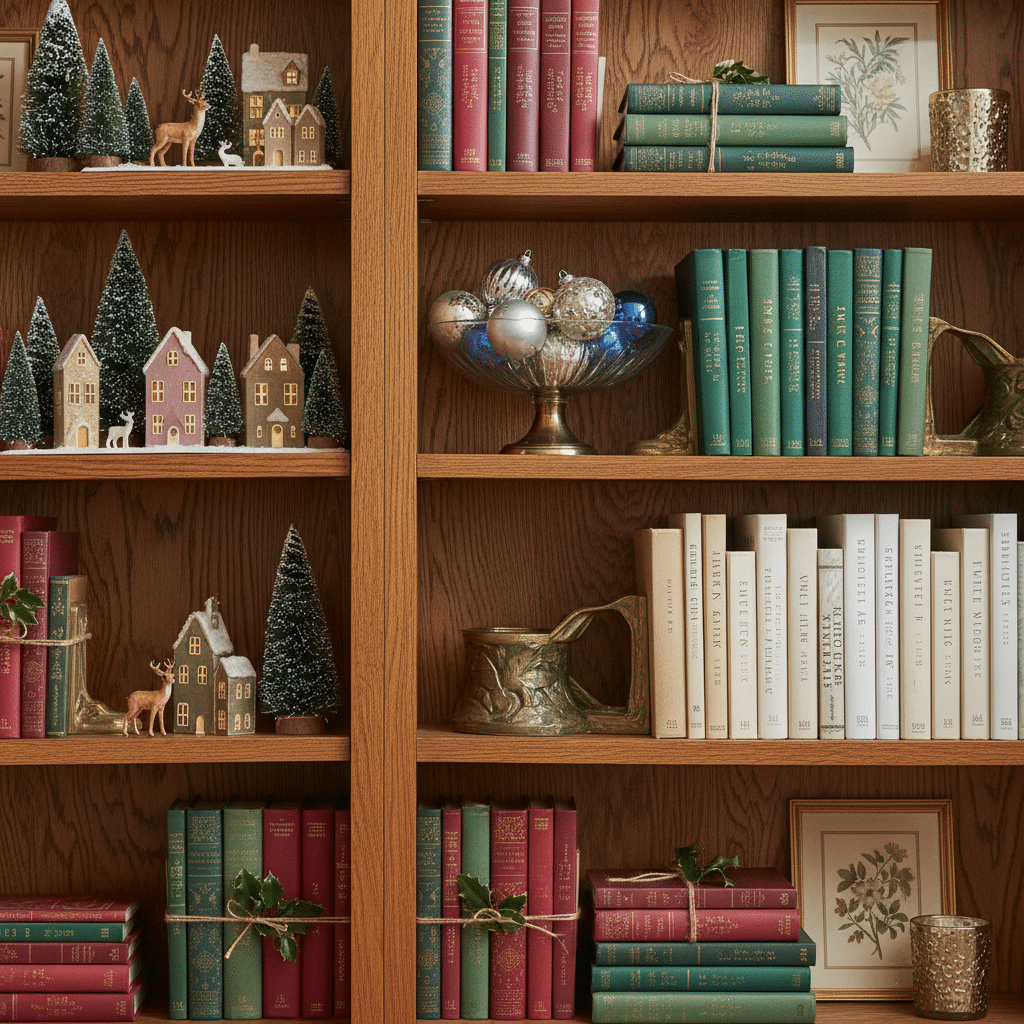 ai-photo-studio-1761166165727-1 Cozy wooden bookshelf with holiday village decor, classic books, and festive ornaments in a warm, inviting setting. | Sky Rye Design Cozy wooden bookshelf with holiday village decor, classic books, and festive ornaments in a warm, inviting setting.