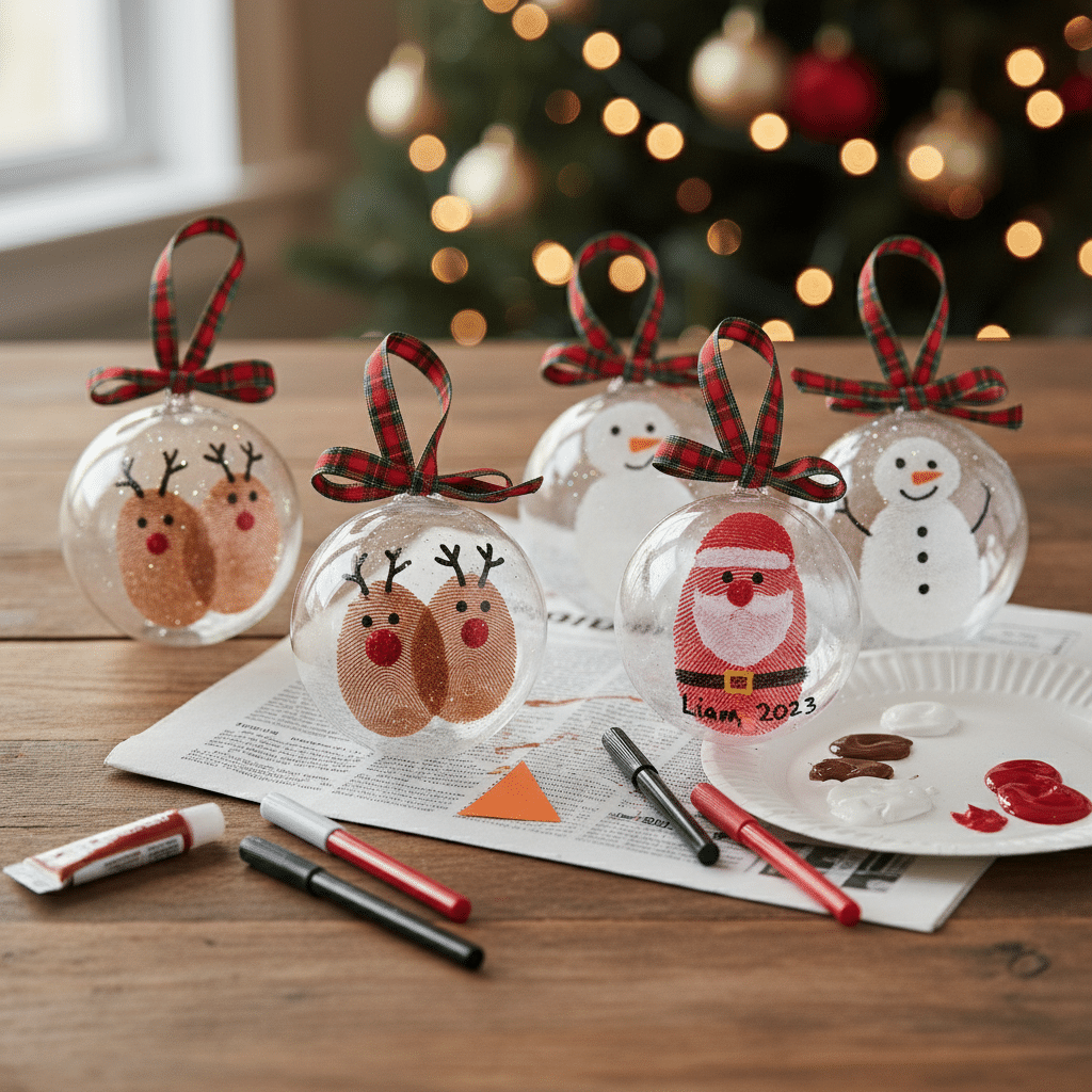 Hand-painted Christmas ornaments with reindeer, Santa, and snowmen designs on a wooden table.