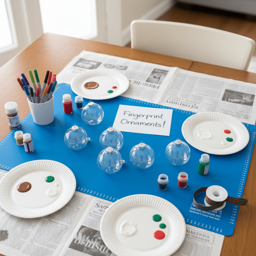 Craft setup for making fingerprint ornaments with paints, markers, and clear baubles on a table.
