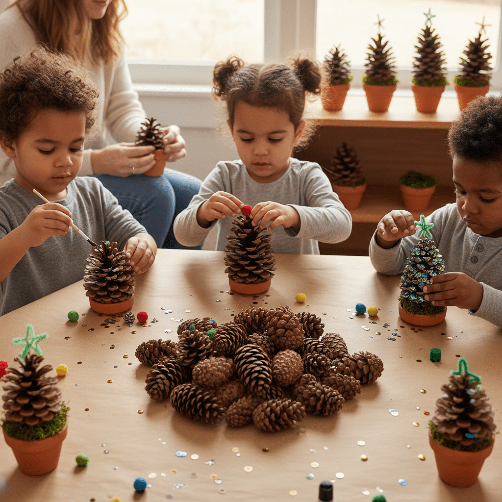 Kids crafting pinecone Christmas trees with decorations at a table.