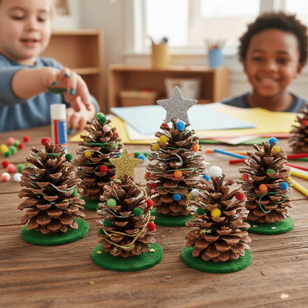 Kids decorating pine cone Christmas trees with colorful pom-poms and glitter stars on a wooden table.