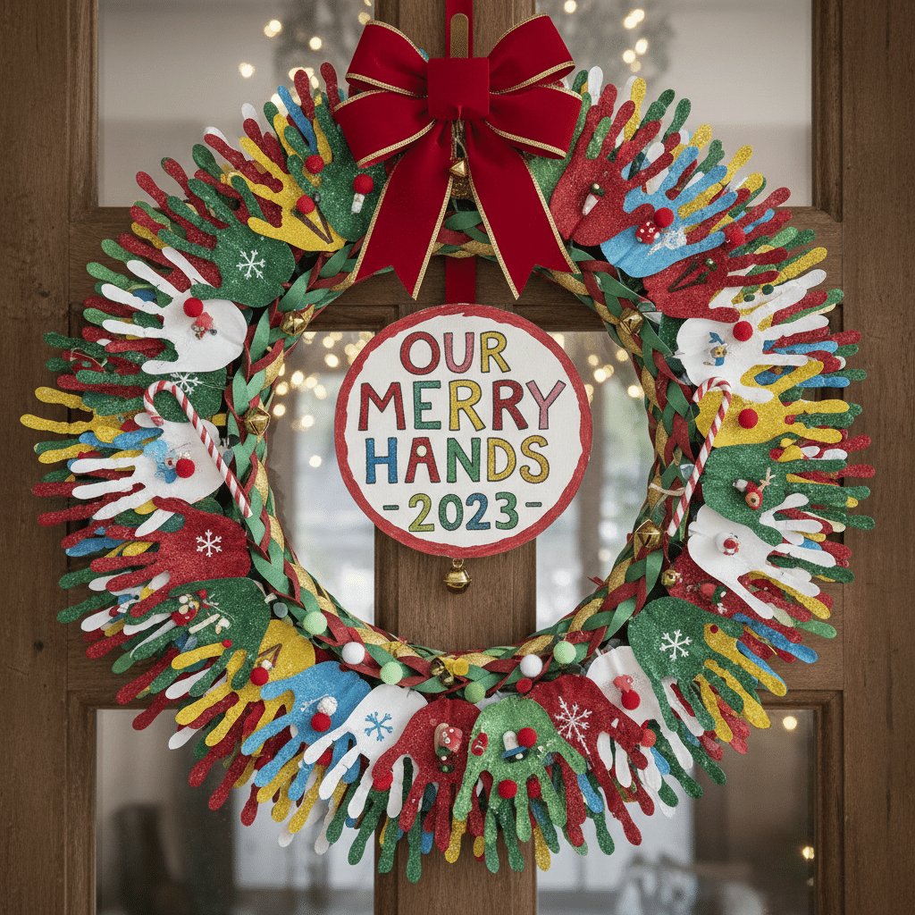 Colorful handprint wreath with red bow and Our Merry Hands 2023 sign, hanging on a wooden door. Holiday decoration.
