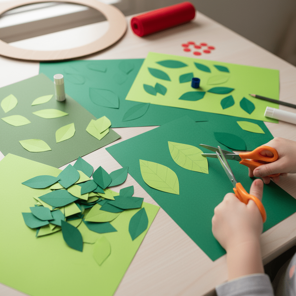 Child cutting green paper leaves for a craft project on a table, surrounded by scissors and glue.