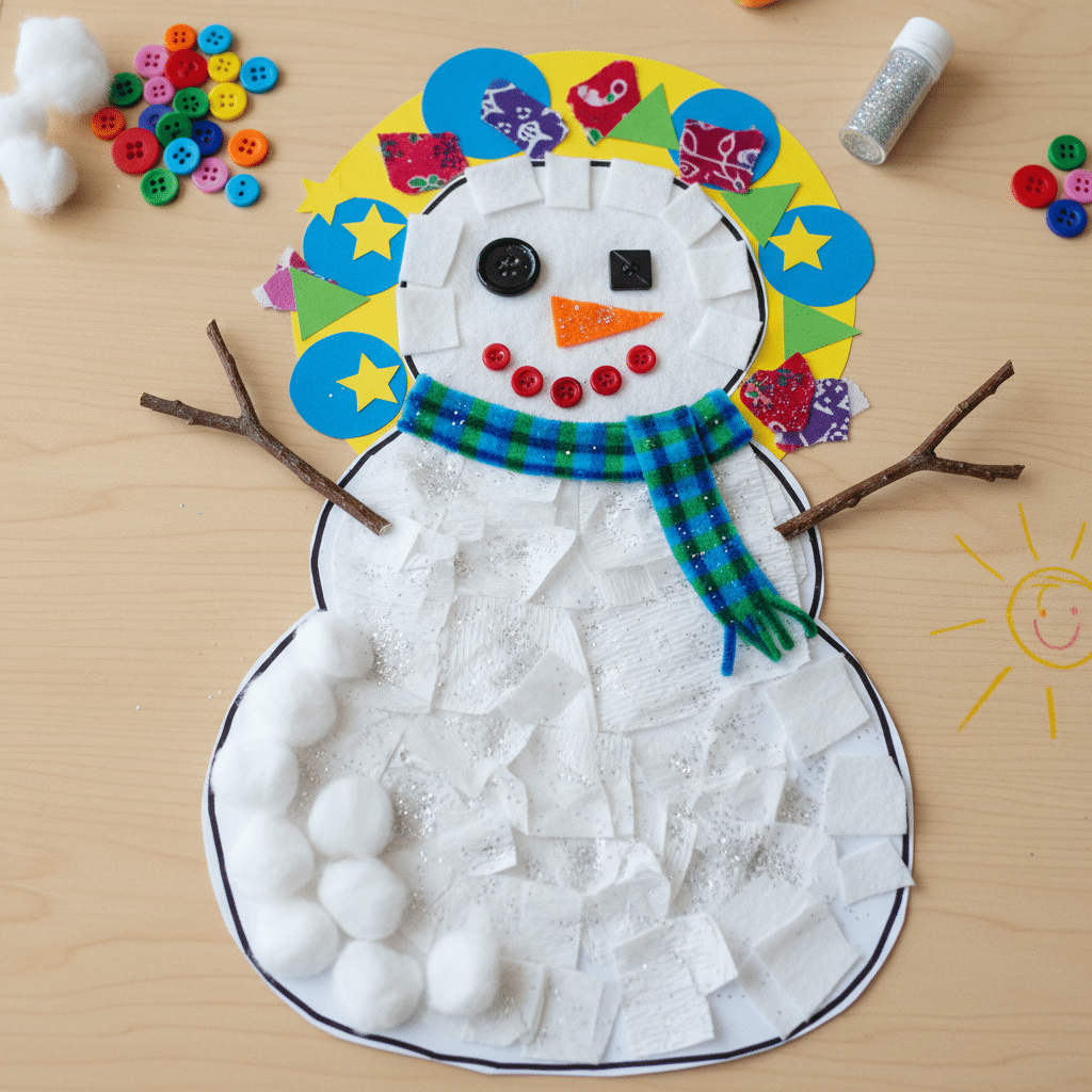 Colorful snowman craft with buttons, fabric, and sticks on a wooden table, surrounded by crafting materials.