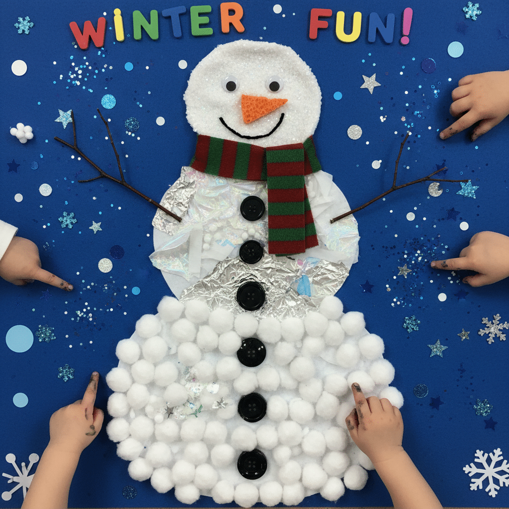 Creative snowman craft with kids' hands on blue background, decorated for winter fun with snowflakes and glitter.