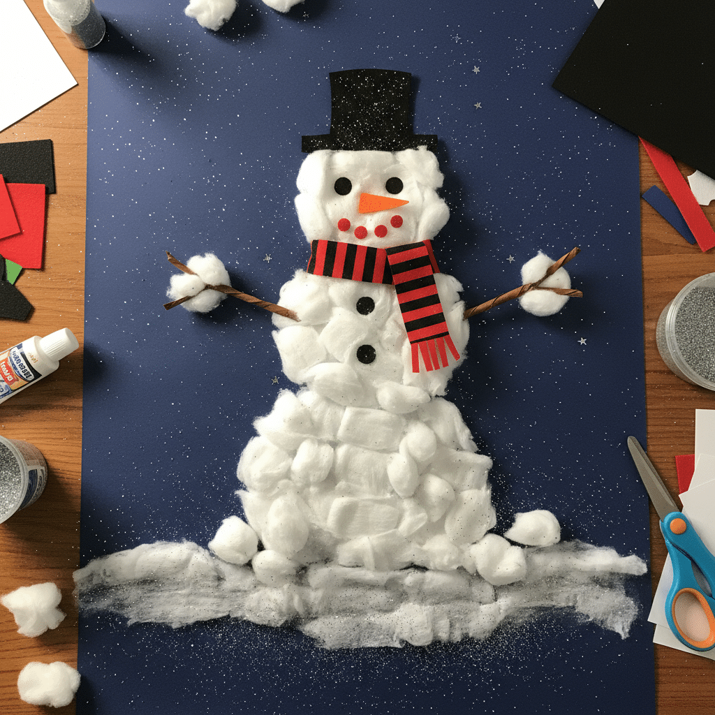 Crafted snowman made with cotton balls and felt accessories on a blue paper background, surrounded by art supplies.