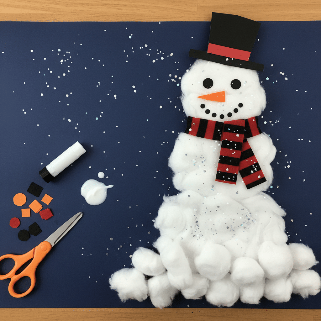 Crafted snowman with cotton balls, black hat, red scarf on blue background; scissors and glue nearby.