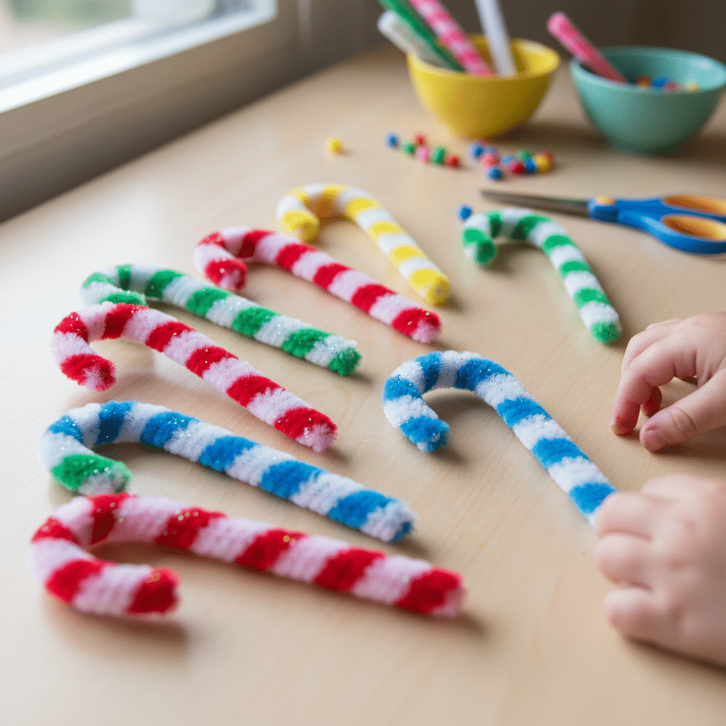 Child making colorful pipe cleaner candy canes, craft materials on table background.