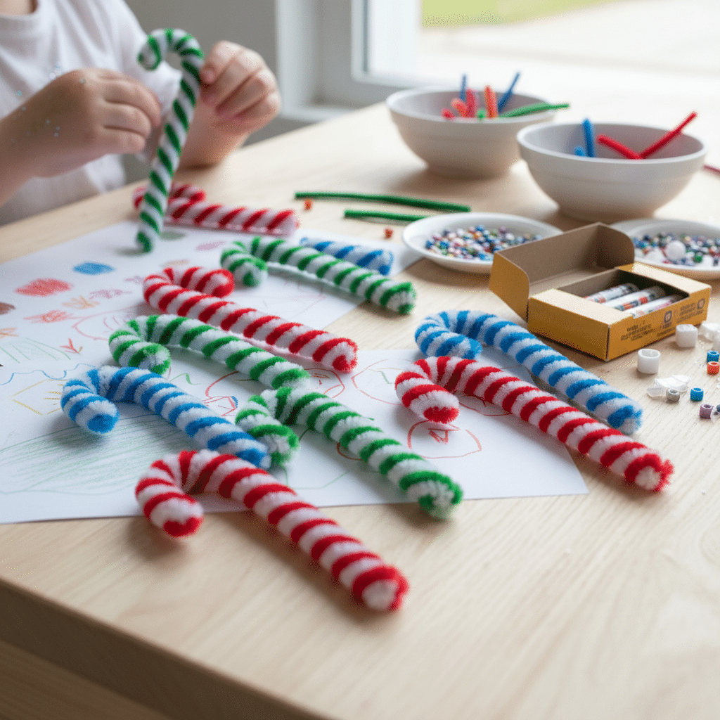 Child crafting candy canes with pipe cleaners and beads at a wooden table, engaging in a colorful holiday art project.
