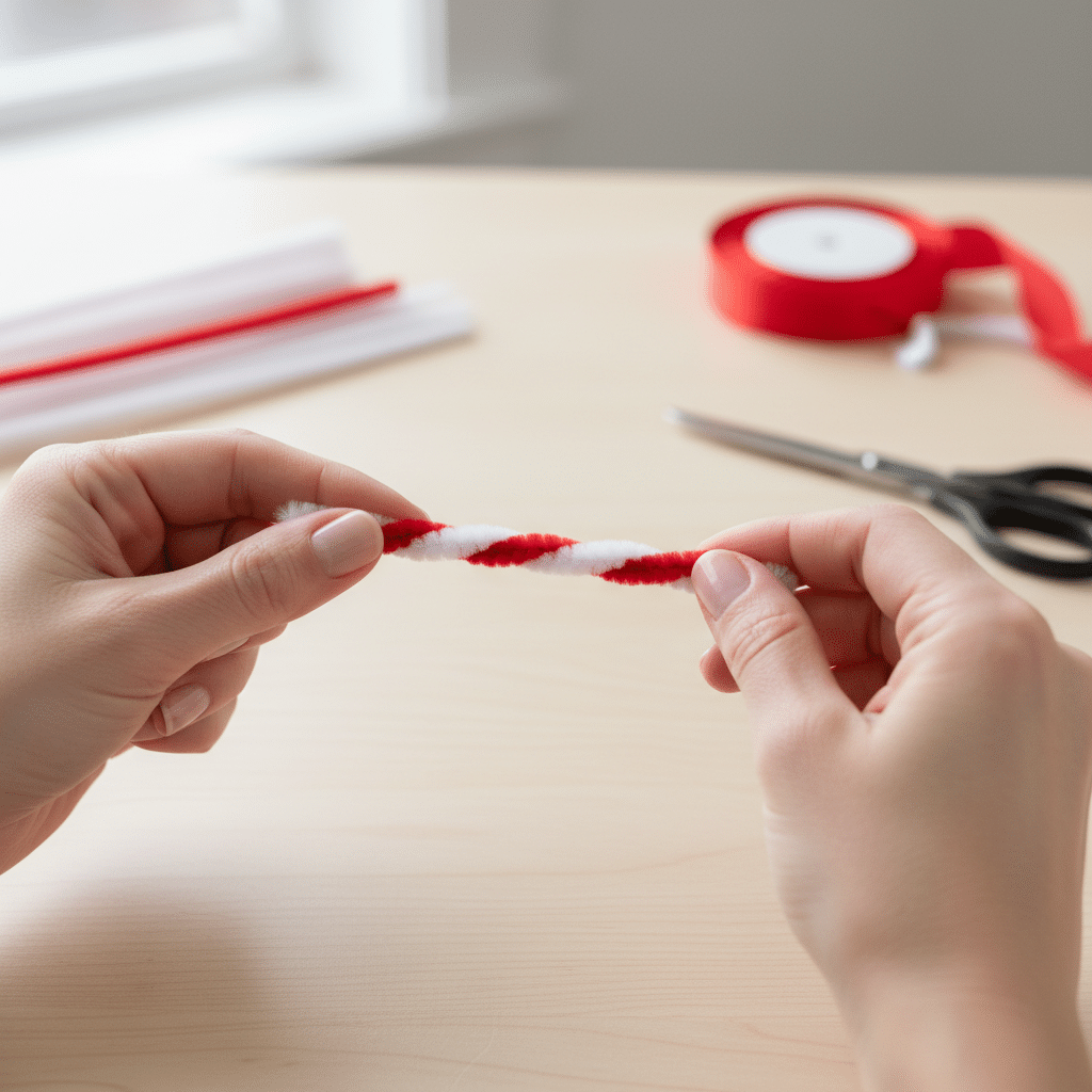 Hands twisting red and white pipe cleaners for crafts on a desk with scissors and ribbon in the background.