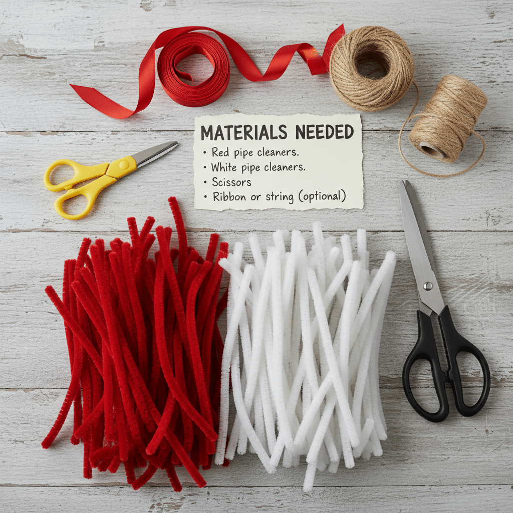 Craft materials include red and white pipe cleaners, scissors, and ribbons on a wooden table.