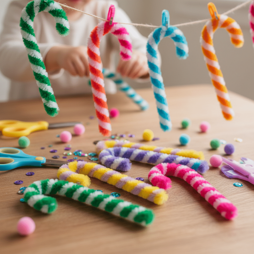 Child crafting colorful pipe cleaner candy canes with sequins and pom-poms on a wooden table. Holiday DIY fun.