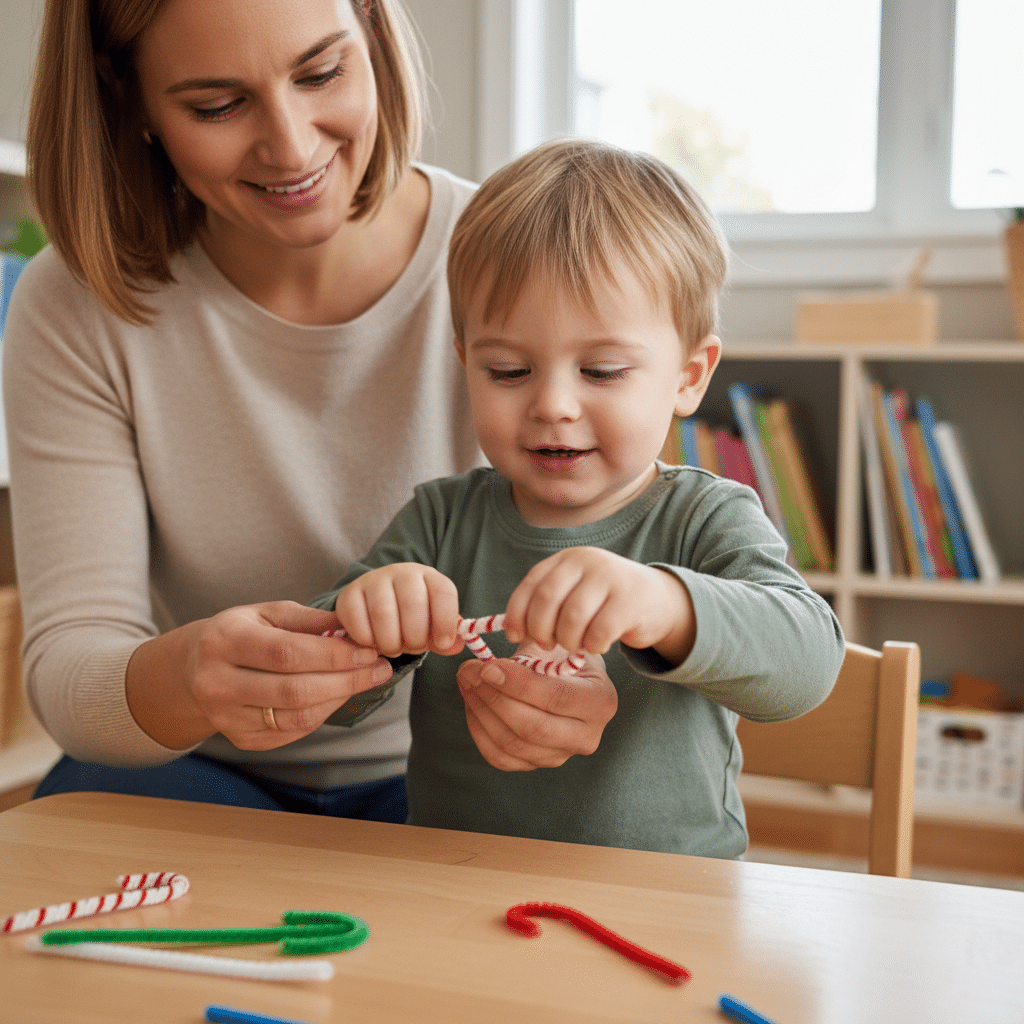 Mother and child crafting with pipe cleaners at a wooden table, enhancing creativity and bonding.