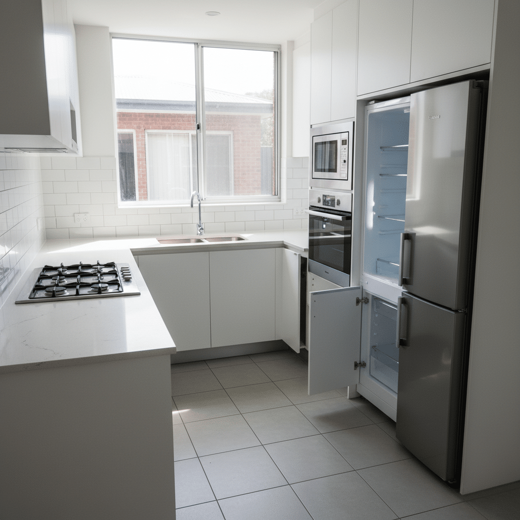 ai-photo-studio-1761227336050-1 Modern kitchen with white cabinets, open refrigerator, gas stove, and large window providing natural light. | Sky Rye Design Modern kitchen with white cabinets, open refrigerator, gas stove, and large window providing natural light.