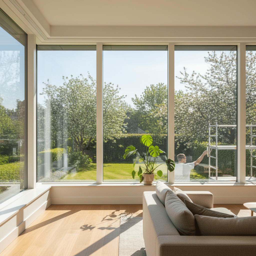 ai-photo-studio-1761227926326-1 Modern living room with large windows, view of lush garden, and person adjusting outdoor scaffolding. | Sky Rye Design Modern living room with large windows, view of lush garden, and person adjusting outdoor scaffolding.