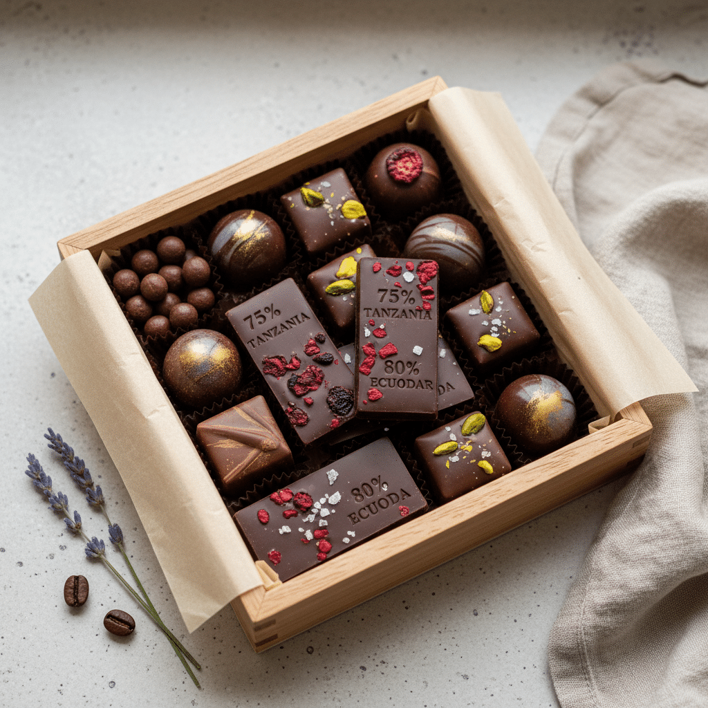 Assorted gourmet chocolates in a wooden box, featuring 75% Tanzania and 80% Ecuador dark chocolate bars.