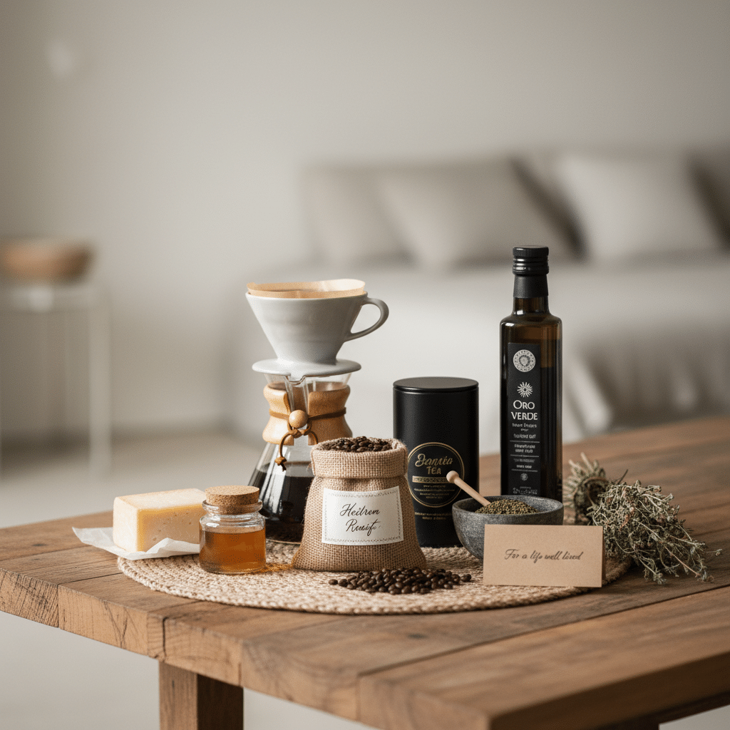 Rustic table setting with coffee, tea, olive oil, honey, and herbs for a cozy and inviting atmosphere.