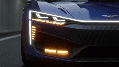 Sleek blue sports car with glowing LED headlights and a glossy finish in an urban setting.