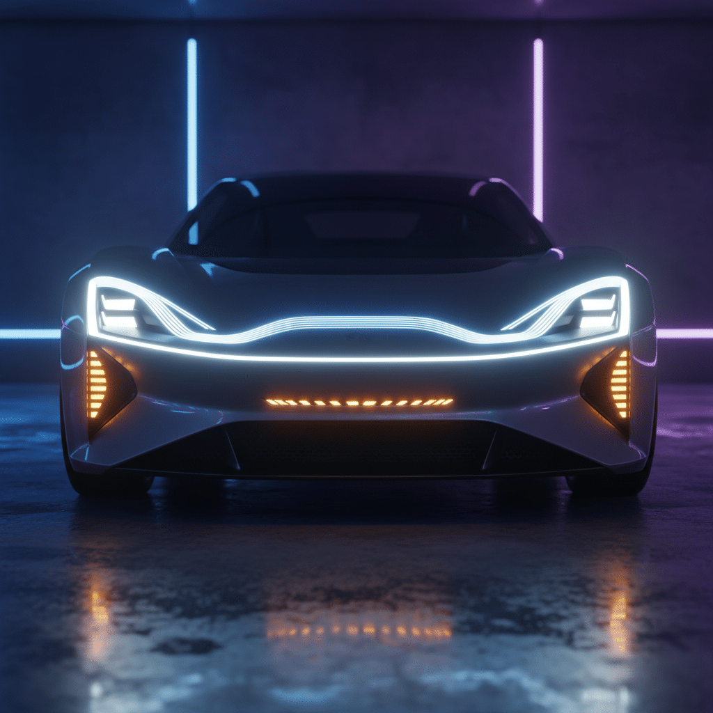 ai-photo-studio-1761241780564-2 Futuristic electric car with glowing LED lights in a dimly lit garage setting. | Sky Rye Design Futuristic electric car with glowing LED lights in a dimly lit garage setting.