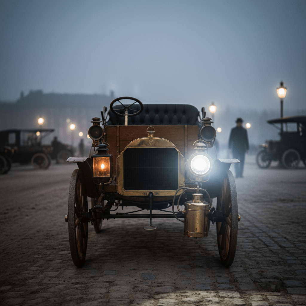 ai-photo-studio-1761241916424-1 Vintage car on a cobblestone street at dusk, illuminated by street lamps and a foggy background. | Sky Rye Design Vintage car on a cobblestone street at dusk, illuminated by street lamps and a foggy background.