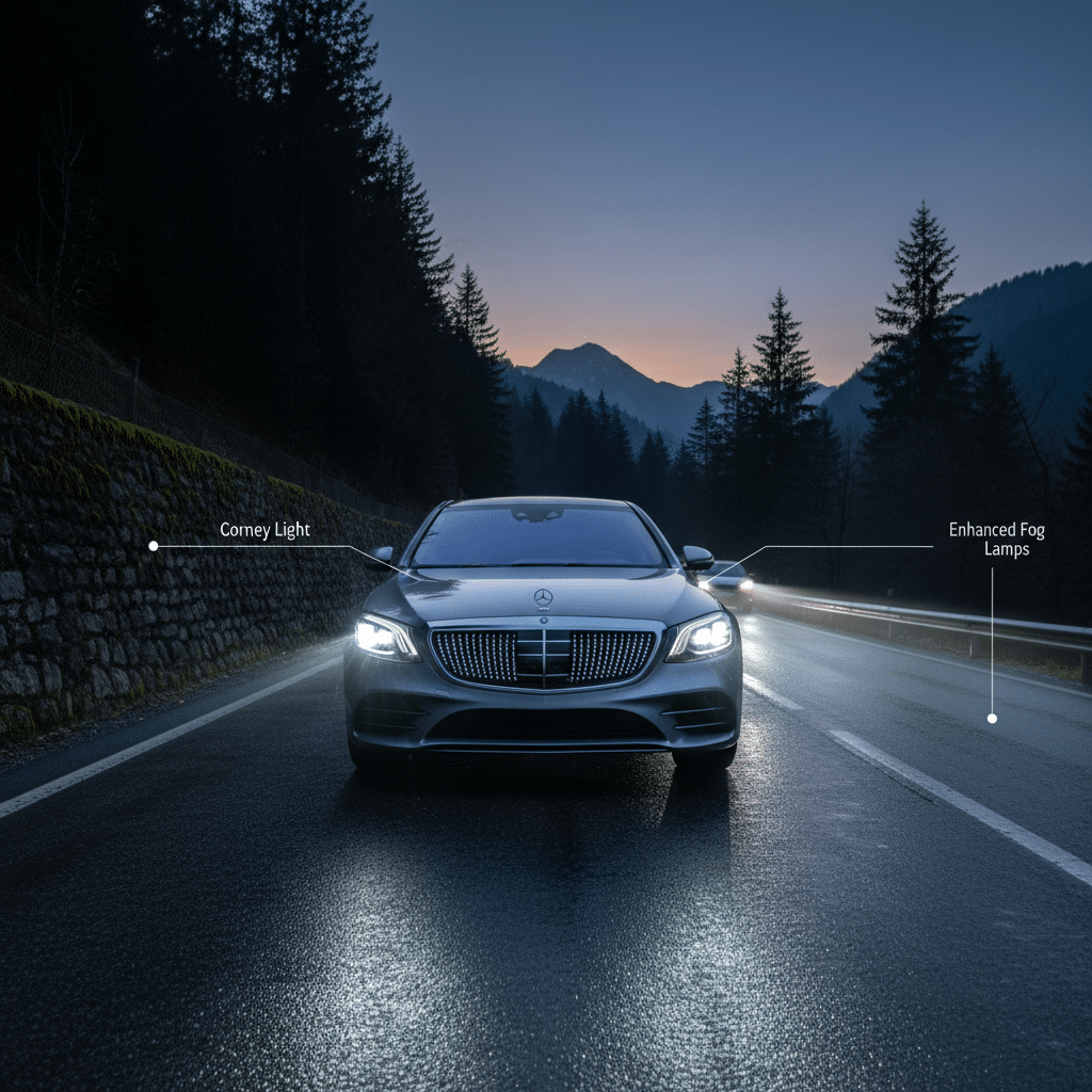 ai-photo-studio-1761241989961-2 Luxury car with advanced headlights and fog lamps driving on a mountain road at dusk. | Sky Rye Design Luxury car with advanced headlights and fog lamps driving on a mountain road at dusk.