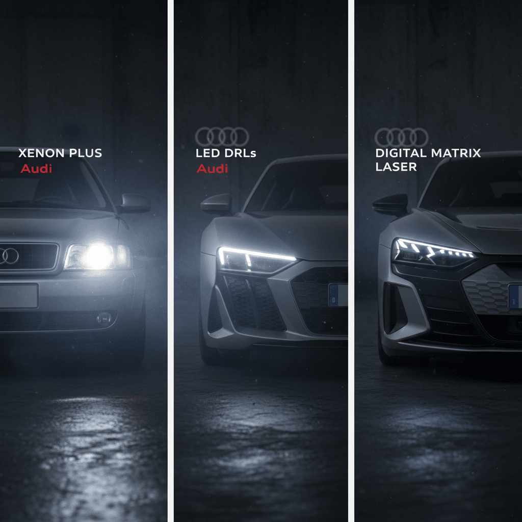 ai-photo-studio-1761242043956-1 Audi car lights evolution: Xenon Plus, LED DRLs, Digital Matrix Laser headlights displayed in dark setting. | Sky Rye Design Audi car lights evolution: Xenon Plus, LED DRLs, Digital Matrix Laser headlights displayed in dark setting.