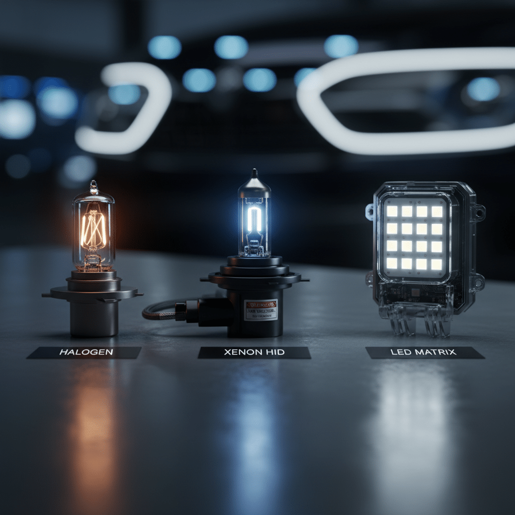 ai-photo-studio-1761242116344-1 Comparison of halogen, xenon HID, and LED matrix car headlights on display in a dimly lit showroom. | Sky Rye Design Comparison of halogen, xenon HID, and LED matrix car headlights on display in a dimly lit showroom.