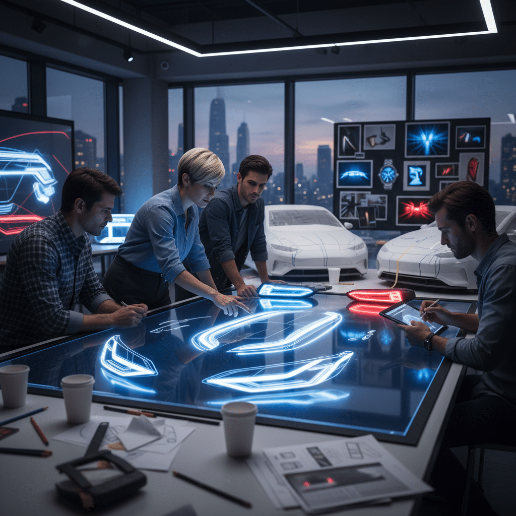 ai-photo-studio-1761242214749-1 Car design team collaborating on futuristic automotive prototypes in high-tech urban studio. | Sky Rye Design Car design team collaborating on futuristic automotive prototypes in high-tech urban studio.