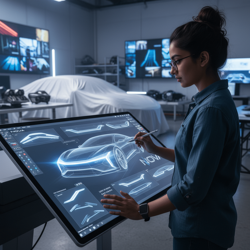 ai-photo-studio-1761242220375-2 Designer creating futuristic car on digital screen in modern studio. | Sky Rye Design Designer creating futuristic car on digital screen in modern studio.
