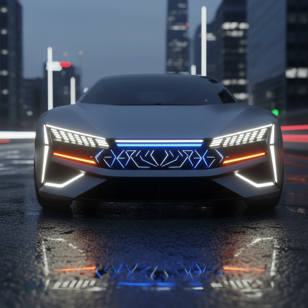 ai-photo-studio-1761242322979-2 Futuristic electric car with LED lights on a rainy city street at night, showcasing modern automotive design. | Sky Rye Design Futuristic electric car with LED lights on a rainy city street at night, showcasing modern automotive design.