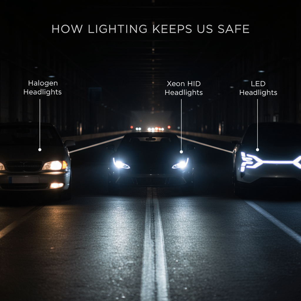 ai-photo-studio-1761242449138-1 Cars with halogen, xenon HID, and LED headlights in a dark tunnel showcasing lighting for safety. | Sky Rye Design Cars with halogen, xenon HID, and LED headlights in a dark tunnel showcasing lighting for safety.