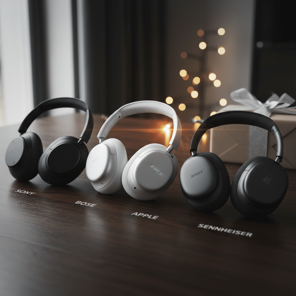 ai-photo-studio-1761243083717-2 Four brands of headphones on a wooden table with Christmas lights and gift box in the background. | Sky Rye Design Four brands of headphones on a wooden table with Christmas lights and gift box in the background.