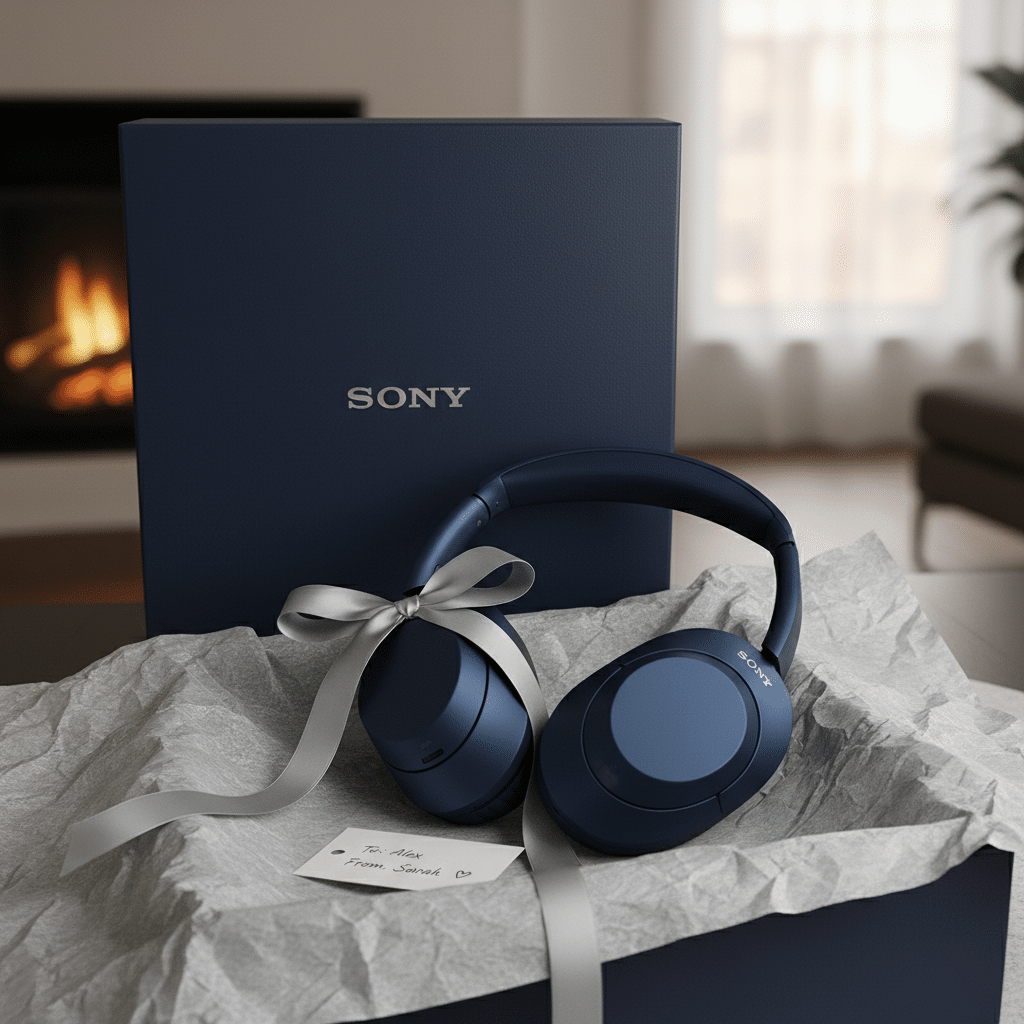 ai-photo-studio-1761243084900-1 Sony headphones in blue gift box with ribbon, placed by a fireplace. Gift tag reads To: Alex, From: Sarah. | Sky Rye Design Sony headphones in blue gift box with ribbon, placed by a fireplace. Gift tag reads To: Alex, From: Sarah.