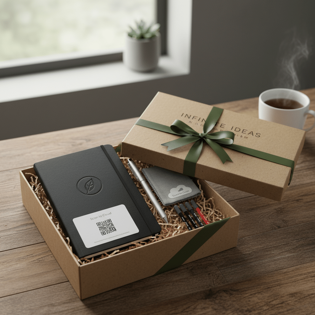 ai-photo-studio-1761243146783-1 Eco-friendly stationery gift set with notebook, pens, and mug on a wooden table. Perfect for office or home. | Sky Rye Design Eco-friendly stationery gift set with notebook, pens, and mug on a wooden table. Perfect for office or home.