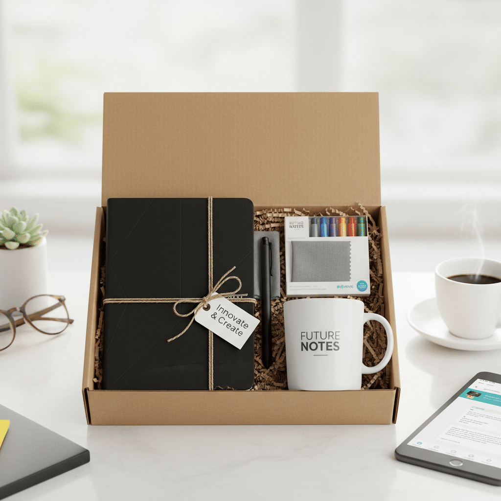 ai-photo-studio-1761243149579-2 Gift set with a notebook, pens, and mug labeled Future Notes, on a desk with coffee, glasses, and plant. | Sky Rye Design Gift set with a notebook, pens, and mug labeled Future Notes, on a desk with coffee, glasses, and plant.