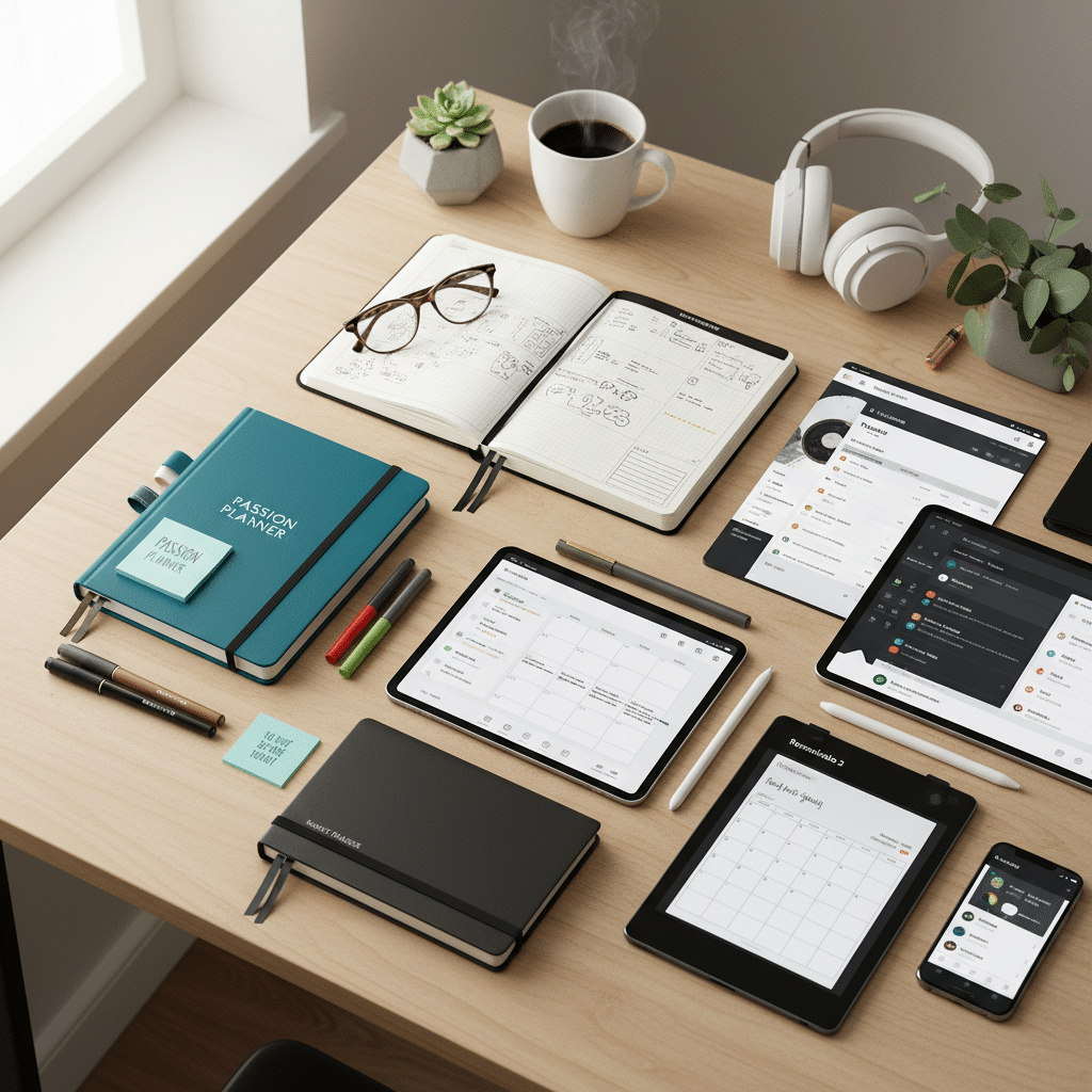 ai-photo-studio-1761243333718-1 Organized workspace with planner notebooks, tablets, phone, coffee, and stationery on a wooden desk. Perfect for productivity. | Sky Rye Design Organized workspace with planner notebooks, tablets, phone, coffee, and stationery on a wooden desk. Perfect for productivity.