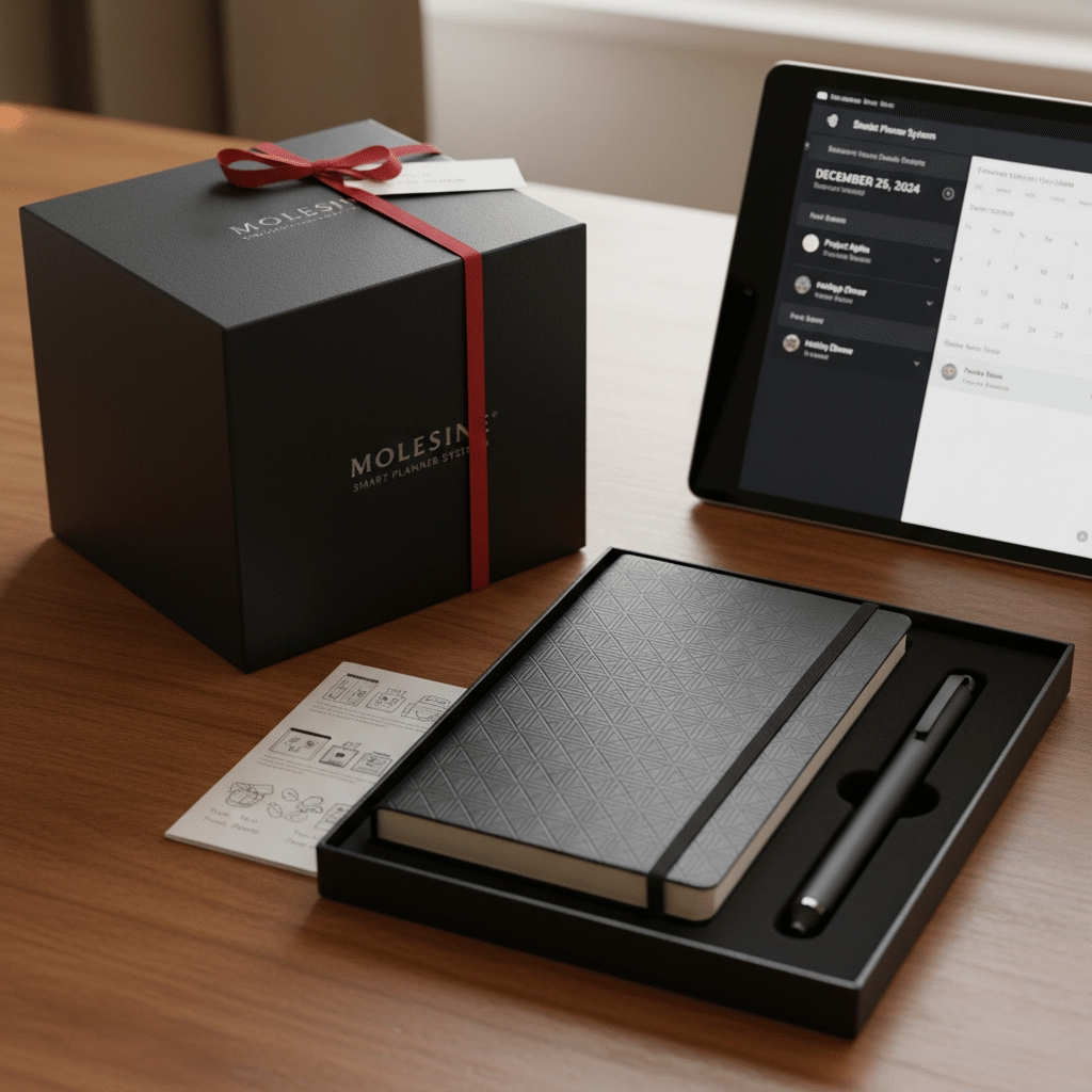 ai-photo-studio-1761243336264-2 Moleskine smart planner set with notebook, pen, and tablet on a wooden desk, boxed with red ribbon. | Sky Rye Design Moleskine smart planner set with notebook, pen, and tablet on a wooden desk, boxed with red ribbon.