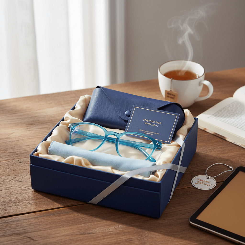 ai-photo-studio-1761243375561-1 Blue gift box with eyeglasses and case on wooden table, next to tea and open book. | Sky Rye Design Blue gift box with eyeglasses and case on wooden table, next to tea and open book.