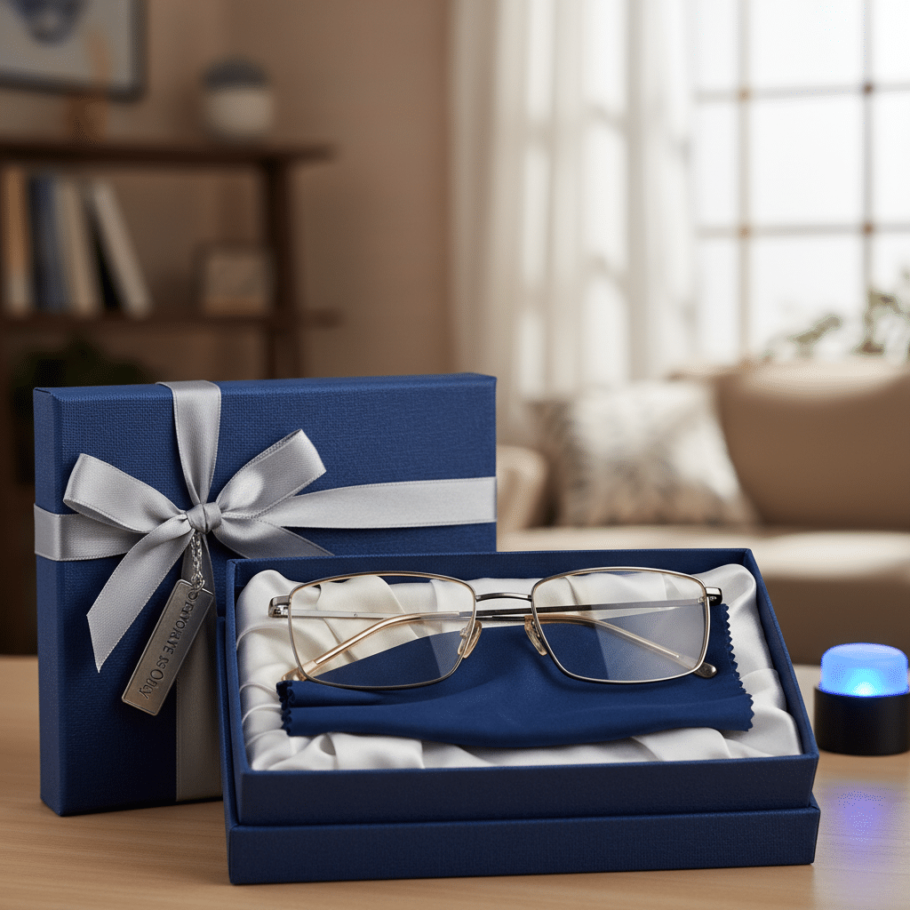 ai-photo-studio-1761243377782-2 Elegant eyeglasses in a blue gift box with silver ribbon, displayed in a cozy living room setting. | Sky Rye Design Elegant eyeglasses in a blue gift box with silver ribbon, displayed in a cozy living room setting.