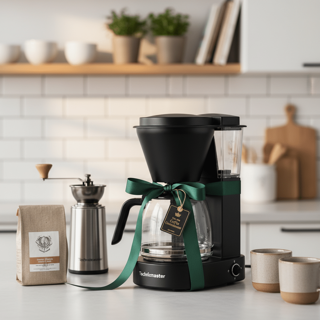 ai-photo-studio-1761243579370-1 Coffee maker with green ribbon on kitchen counter, alongside grinder and coffee bag. | Sky Rye Design Coffee maker with green ribbon on kitchen counter, alongside grinder and coffee bag.