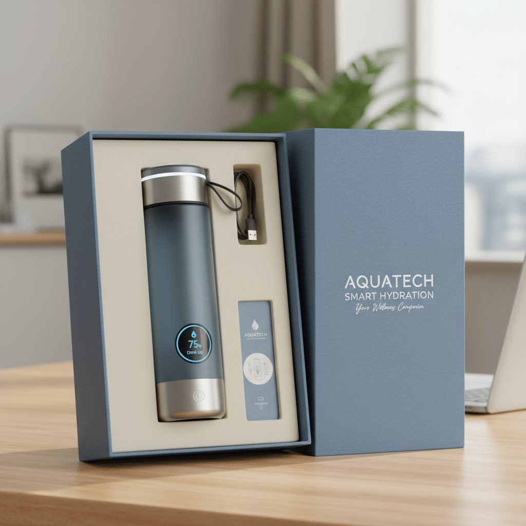 ai-photo-studio-1761243610144-1 Smart hydration bottle in an open Aquatech box with USB cable, displayed on a table. | Sky Rye Design Smart hydration bottle in an open Aquatech box with USB cable, displayed on a table.