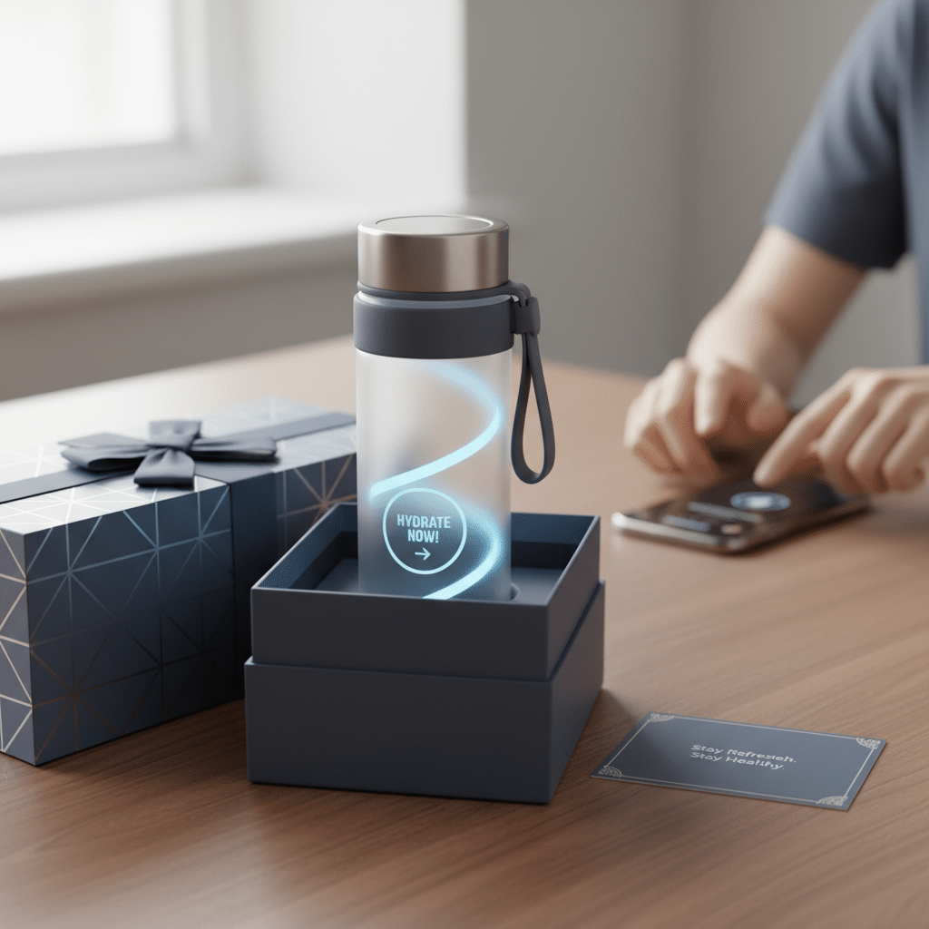 ai-photo-studio-1761243613690-2 Smart water bottle in elegant box with glowing Hydrate Now text, on table near smartphone. Perfect hydration reminder. | Sky Rye Design Smart water bottle in elegant box with glowing Hydrate Now text, on table near smartphone. Perfect hydration reminder.