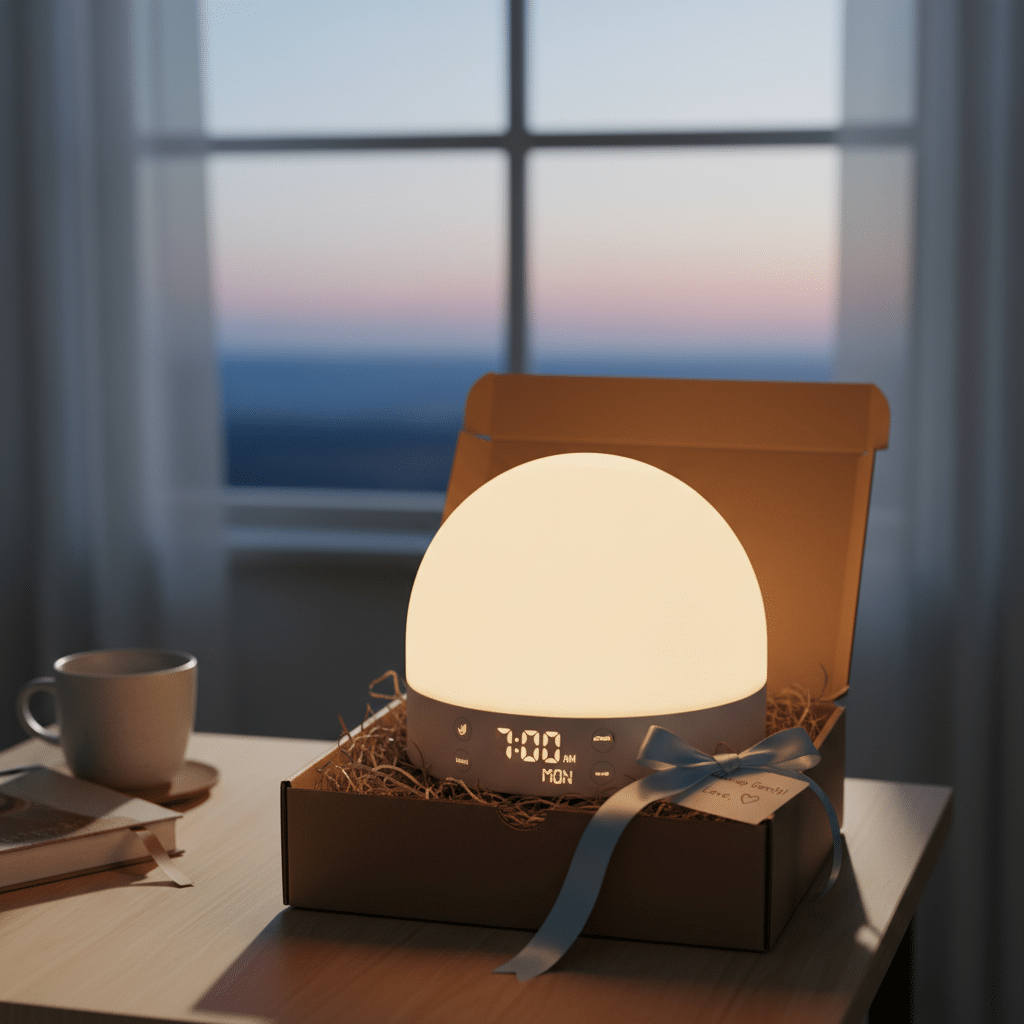 ai-photo-studio-1761243752120-1 Sunrise alarm clock on table near window, glowing, set for 7:00 AM, in a gift box with a blue ribbon. | Sky Rye Design Sunrise alarm clock on table near window, glowing, set for 7:00 AM, in a gift box with a blue ribbon.