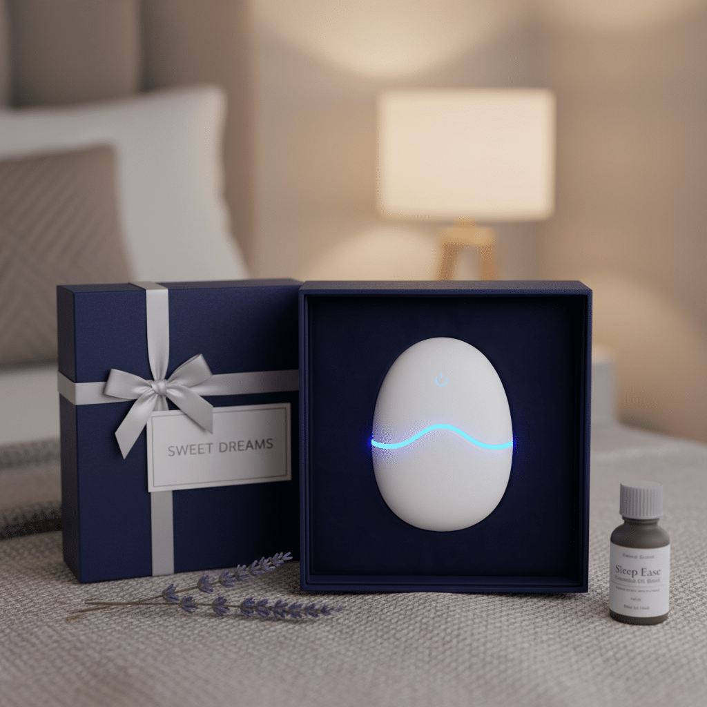 ai-photo-studio-1761243773093-1 A sleep aid device with a blue light, lavender sprigs, gift box, and sleep oil on a bedside table. | Sky Rye Design A sleep aid device with a blue light, lavender sprigs, gift box, and sleep oil on a bedside table.